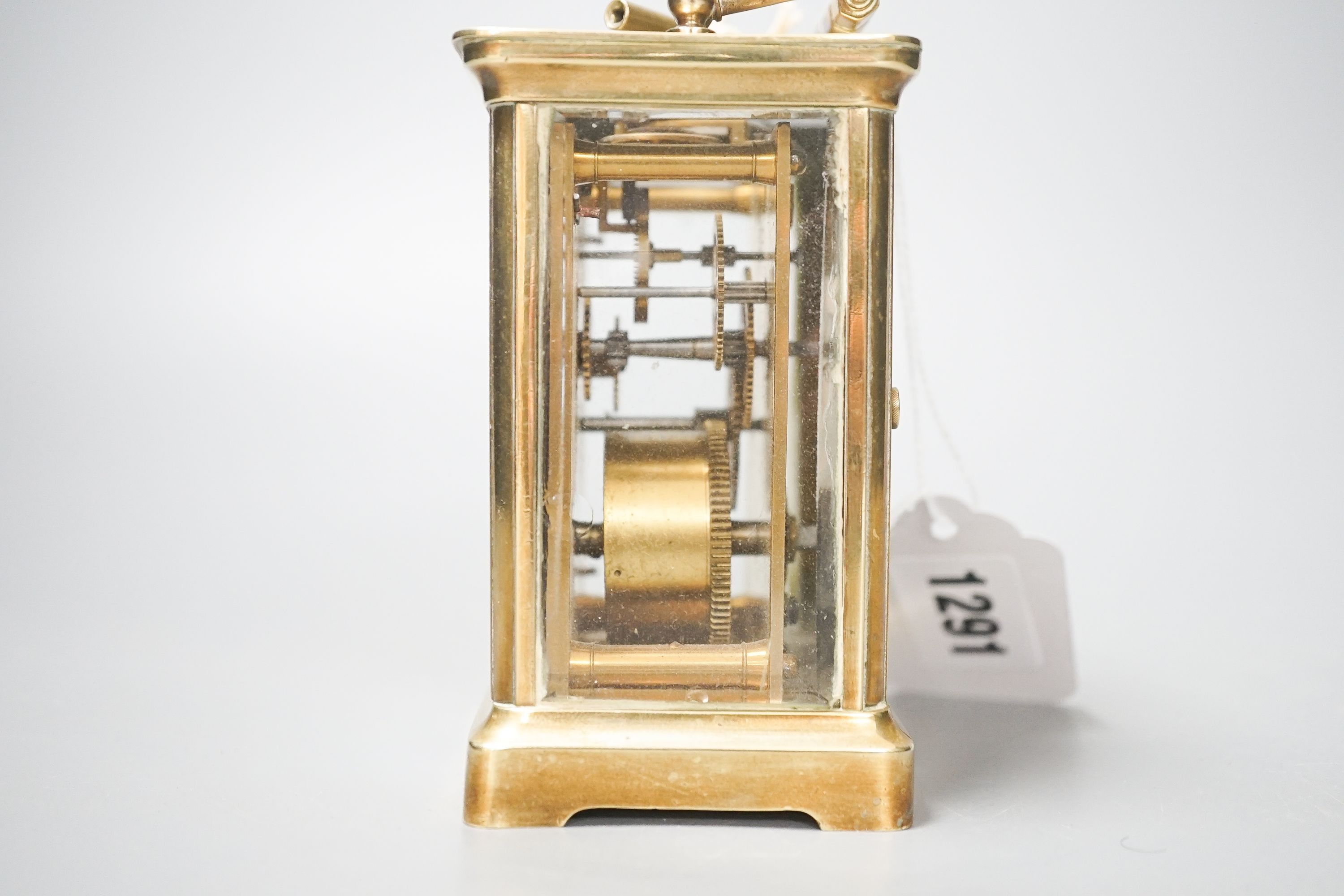 An early 20th century lacquered brass carriage timepiece, 10.5cm